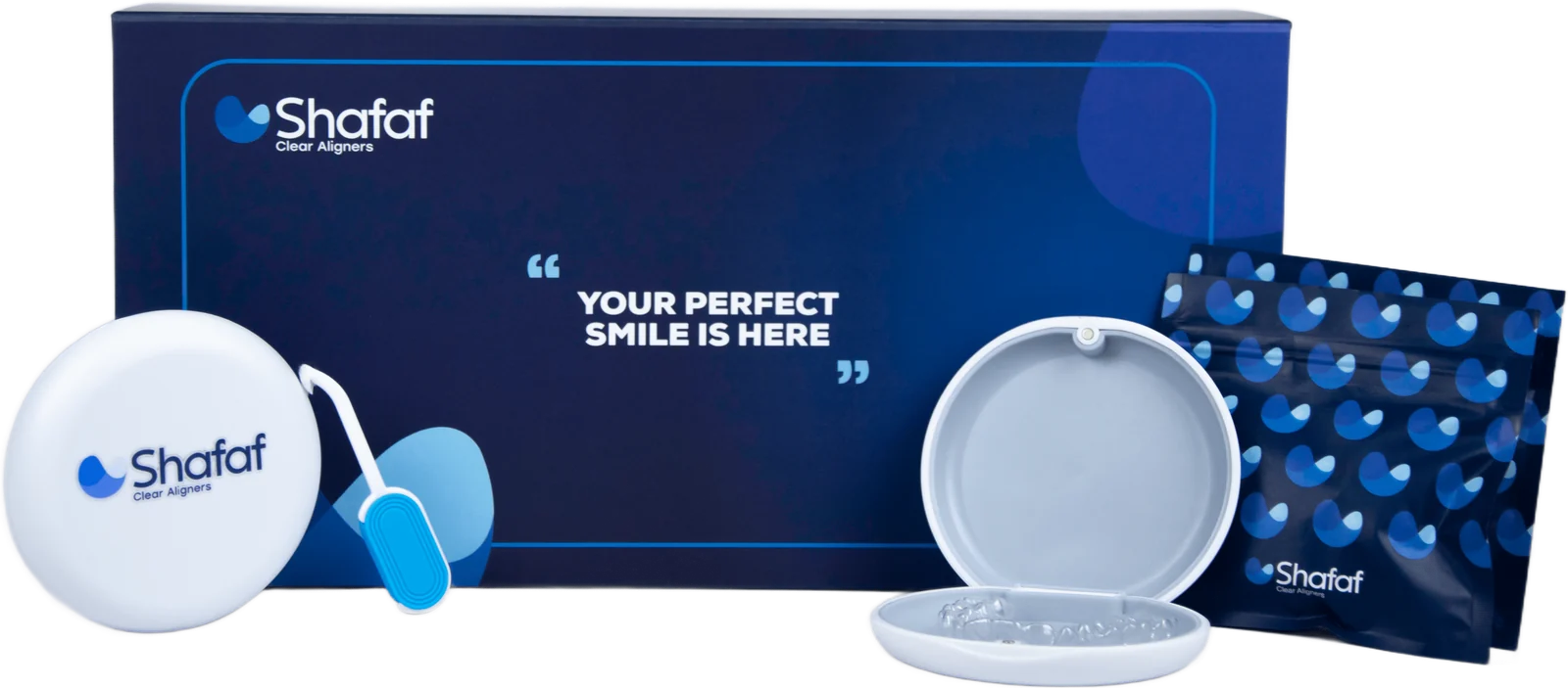 The Shafaf Clear Aligners kit — presentation box, aligner case, clear aligner and travel pouch